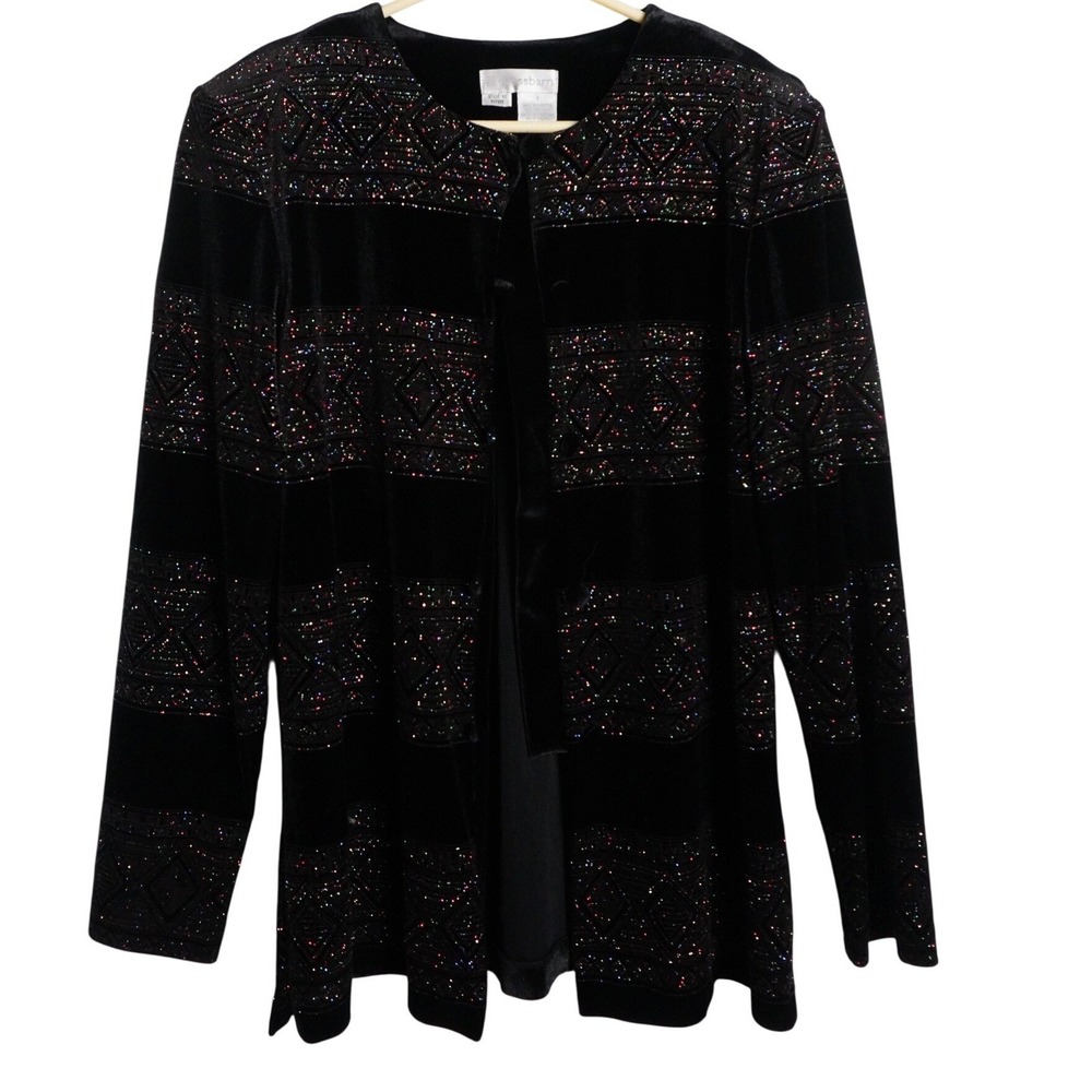 Dressbarn Velvet Cardigan Jacket Size 8 Geometric Glitter Black Long Sleeve